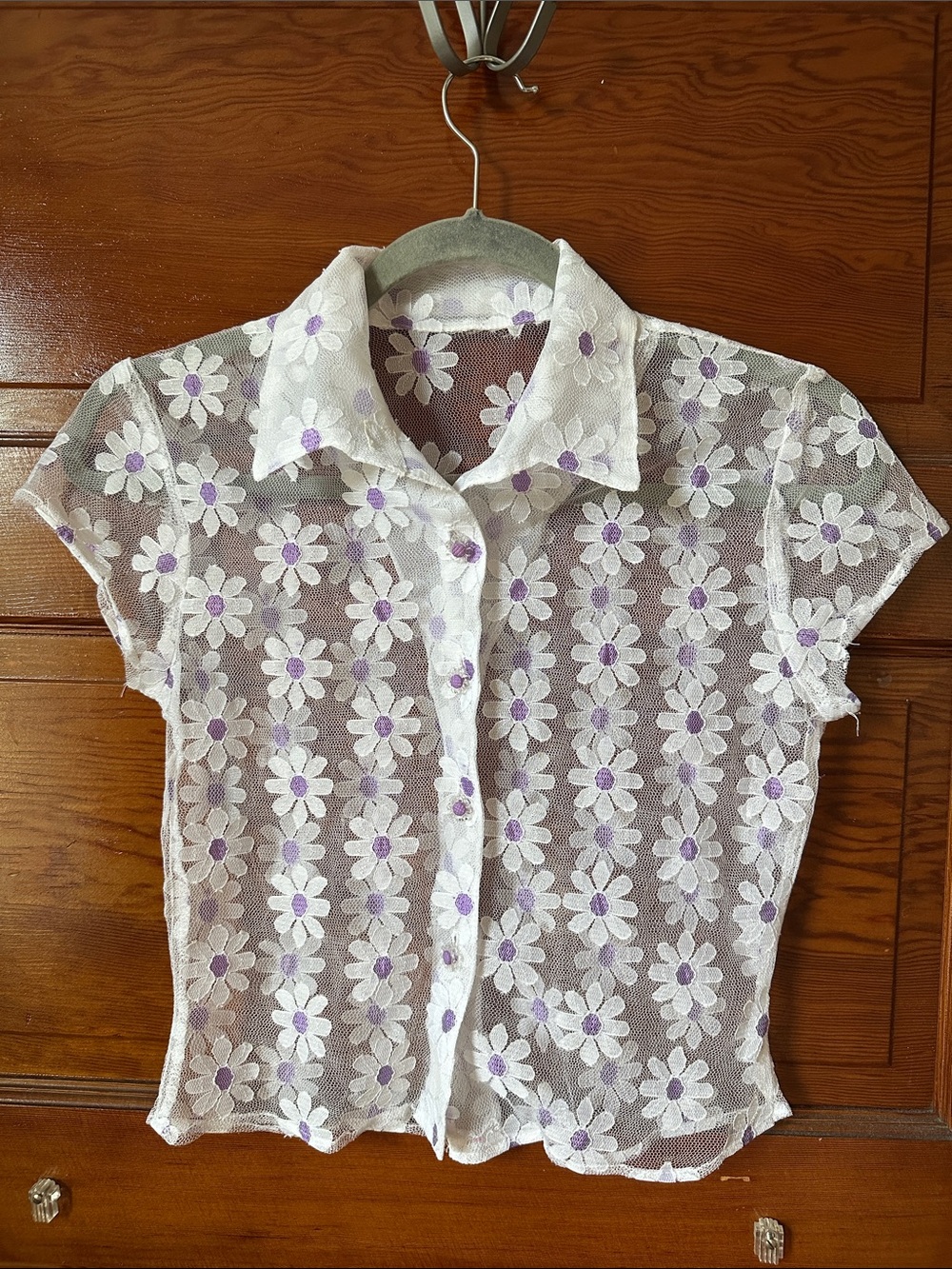 Vintage White Sheer Daisy Lace Button-Up Top with Lavender Centers